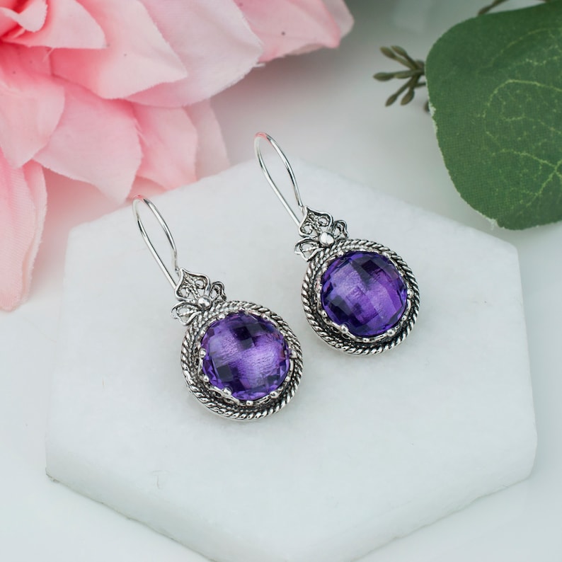 Genuine Amethyst Silver Drop Earrings,Sterling Silver 12 Carat Genuine Purple Amethyst Gemstone Artisan Crafted Filigree Earrings,Gift Boxed