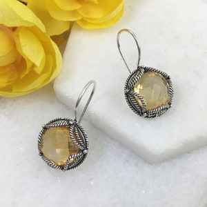 Natural Citrine Silver Earrings,925 Sterling Silver Genuine Yellow Citrine Gemstone Handmade Filigree Round Drop Earrings Women Jewelry Gift