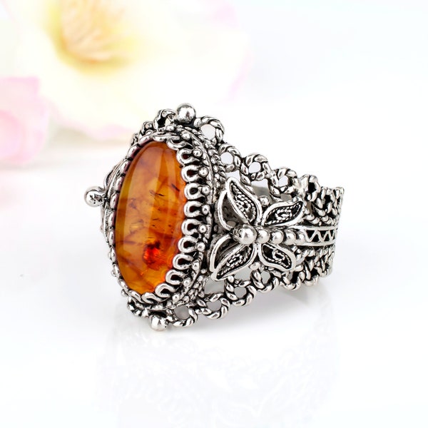 Amber Butterfly Ring 925 Sterling Silver Handmade Artisan Crafted Filigree Ornate Women Jewelry Special Friend Gift Boxed for Her Half Sizes