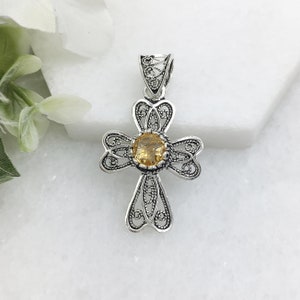 Natural Citrine Silver Cross Pendant, Sterling Silver Natural Yellow Citrine Gemstone Cross Pendant Religious Christian Women Jewelry Gifts