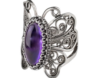 Amethyst Ruby Amber Blue Chalcedony Rainbow Quartz Butterfly Ring 925 Sterling Silver Artisan Crafted Filigree Ring Women Jewelry Gift Boxed