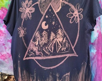 Camping Under Night Sky Design Bleach Painted Shirt