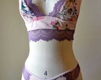 CAMPIONE DI VENDITA, set di bralette e slip con linea lunga Fae, lingerie con stampa floreale, lingerie fatta a mano