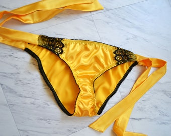 SAMPLE SALE, Satin and Lace Side Tie Panties, Satin and Lace Lingerie, Handmade Lingerie