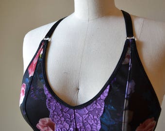 SAMPLE SALE, Eiru Scoop Front Bralette, Earrach Collection, Floral Print and Lace, Handmade Lingerie