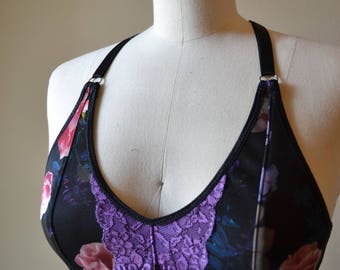 CAMPIONE DI VENDITA, bralette Eiru Scoop Front, collezione Earrach, stampa floreale e pizzo, lingerie fatta a mano