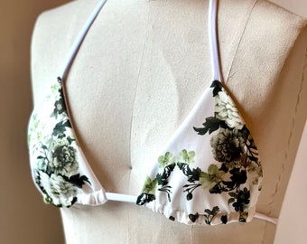 Green Floral Triangle Top, Ready to Ship, Choose Your Size, Handmade Swimwear