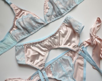 SAMPLE SALE, Wilhelmine Silk and Lace, Bralette and Panty Set, Handmade Lingerie