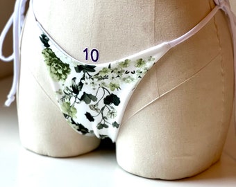 Green Floral Cheeky Tie Bottom, Ready to Ship, Handmade Swimwear