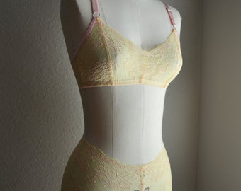 SAMPLE SALE Yellow w/ Pink Lace Bralette and Panty Set, Ready to Ship Size XS, Handmade Lingerie