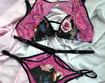 CAMPIONE DI VENDITA, set di bralette e slip Night Blossom, lingerie con stampa floreale e pizzo, lingerie fatta a mano