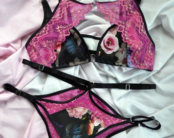 SAMPLE SALE, Night Blossom Bralette and Panty Set, Floral Print and Lace Lingerie, Handmade Lingerie