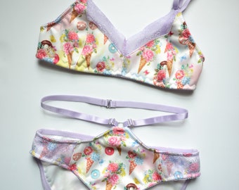 CAMPIONE DI VENDITA Bella, set di bralette e slip con stampa floreale e dolci, lingerie fatta a mano
