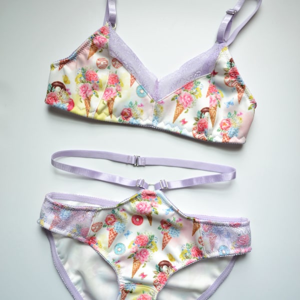SAMPLE SALE Bella, Sweets and Floral Print Bralette and Panty Set, Handmade Lingerie