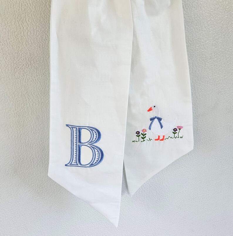 Embroidered Monogram Wreath Sash: Goose Design, Spring Decor