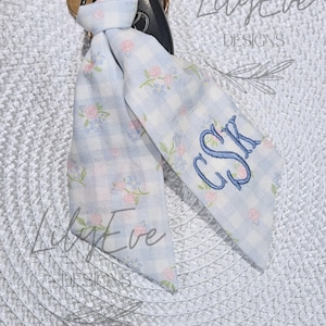 Monogram Keychain Scarf, Personalized Bag Charm, Custom Key Fob, Floral Gingham
