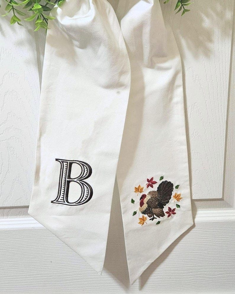 Embroidered Thanksgiving Wreath Sash: Turkey & Monogram Fall Decor