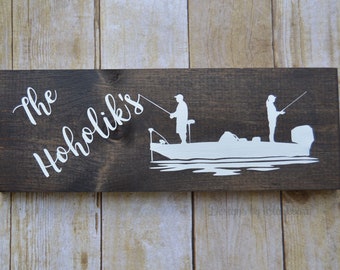 Fishing Family Sign, Last Name Sign, Father's Day, PAINTED Personalized Sign, Man Cave, Bass Boat, Fisherman, Gift for Him