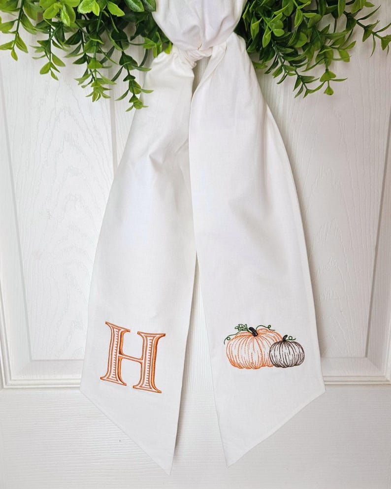 Monogram Fall Wreath Sash: Embroidered Pumpkin Design, Thanksgiving Decor, Halloween