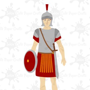 May include: A cartoon illustration of a Roman soldier wearing a helmet, armor, and a red and orange kilt. He is holding a sword and a shield.