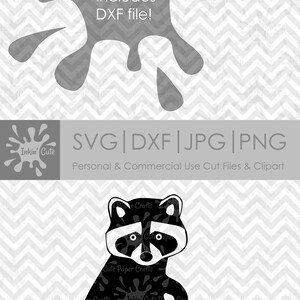 May include: Black and white silhouette of a raccoon with a striped tail. The image includes the text "Inkin' Cute Paper Crafts" and "SVG|DXF|JPG|PNG".
