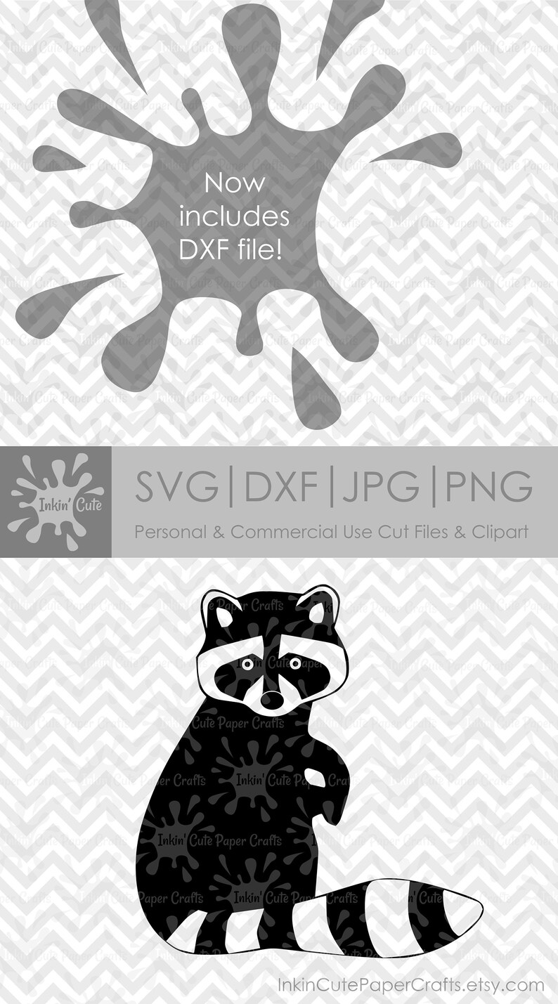 May include: Black and white silhouette of a raccoon with a striped tail. The image includes the text "Inkin' Cute Paper Crafts" and "SVG|DXF|JPG|PNG".