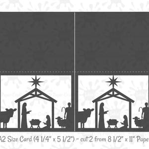 May include: A black and white printable card design for a Christmas card. The design features a nativity scene with a star, a manger, a shepherd, a sheep, and a cow. The text on the card reads "A2 Size Card (4 1/4" x 5 1/2") - cut 2 from 8 1/2" x 11" Paper".