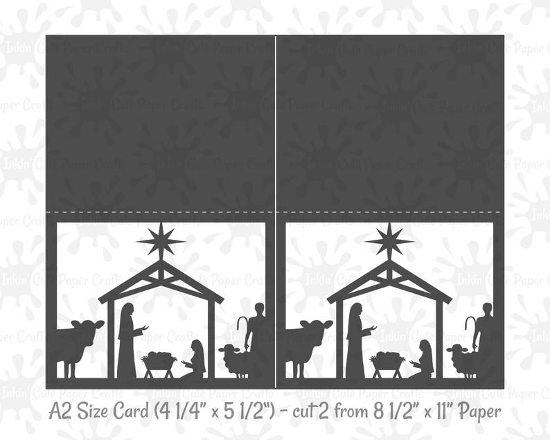 May include: A black and white printable card design for a Christmas card. The design features a nativity scene with a star, a manger, a shepherd, a sheep, and a cow. The text on the card reads "A2 Size Card (4 1/4" x 5 1/2") - cut 2 from 8 1/2" x 11" Paper".