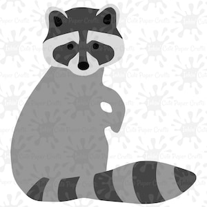 May include: A gray raccoon with a black and white striped tail sitting on a white background with gray splatter paint.