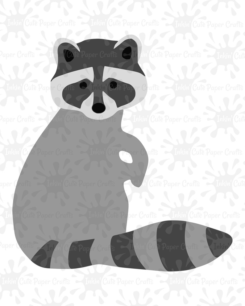 May include: A gray raccoon with a black and white striped tail sitting on a white background with gray splatter paint.