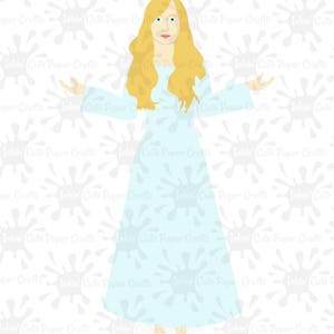May include: A light blue angel with a golden halo and long blonde hair. The angel is standing with arms outstretched against a white background with a pattern of light blue paint splatters.