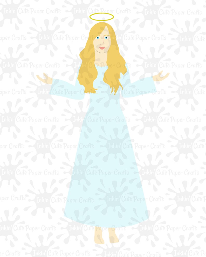 May include: A light blue angel with a golden halo and long blonde hair. The angel is standing with arms outstretched against a white background with a pattern of light blue paint splatters.