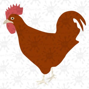 May include: A brown rooster with a red comb and wattle. The rooster is standing on a white background with a pattern of brown paint splatters.
