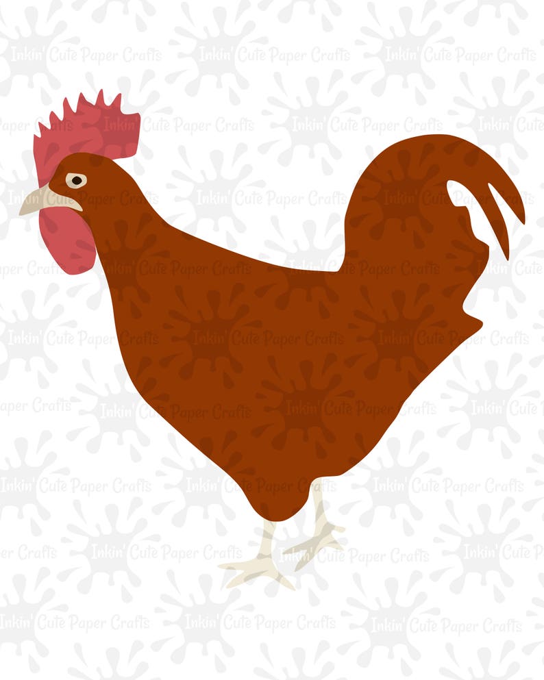 May include: A brown rooster with a red comb and wattle. The rooster is standing on a white background with a pattern of brown paint splatters.