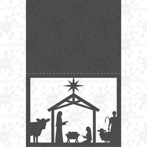 May include: A black and white silhouette of a nativity scene with a star above the stable. The scene includes a cow, a sheep, a shepherd, Mary, Joseph, and the baby Jesus in a manger.