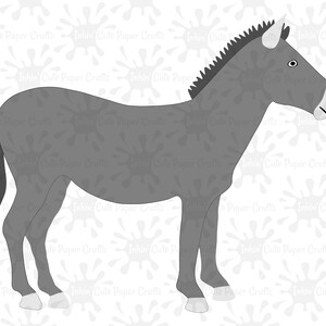May include: A gray donkey with a long tail and a black mane. The donkey is standing on a white background with gray splotches.
