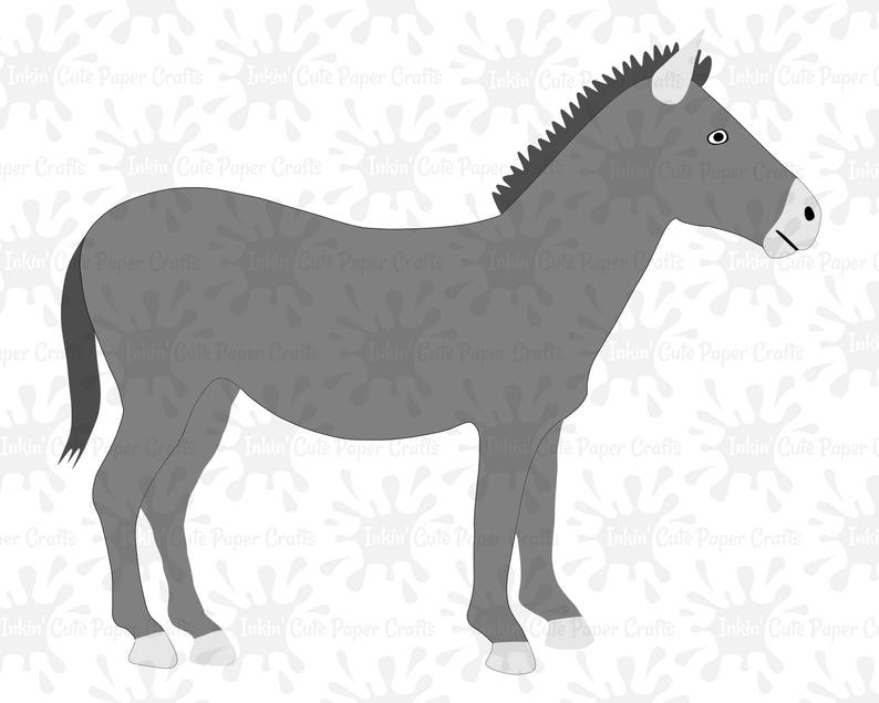 May include: A gray donkey with a long tail and a black mane. The donkey is standing on a white background with gray splotches.