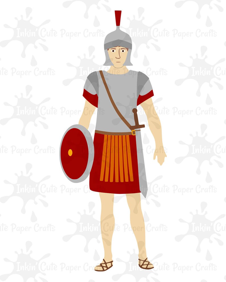May include: A cartoon illustration of a Roman soldier wearing a helmet, armor, and a red and orange kilt. He is holding a sword and a shield.