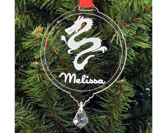 Personalized Dragon Christmas Ornament, Engraved Acrylic, Crystal Pendant