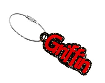 Personalized Acrylic Name Keychain, Red and Glitter Black Tag, Graduation Gift