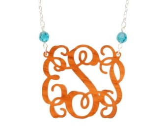 Birthstone Monogram Necklace: 1.75" Acrylic Vine Initial Pendant, Graduation Gift