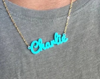Medium Custom Script Name Necklace, Personalized Acrylic Jewelry, 5/8 Inch Height, Graduation Gift