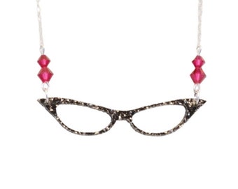 Retro Cat Eyeglasses Necklace: Acrylic Chain with Birthstone Crystals, Graduation Gift