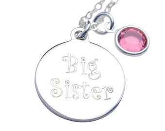 Big Sister Charm Necklace Including Birthstone, Personalized Big Sister Gift, Baby Shower Gift, Graduation Gift, Gifts under 25