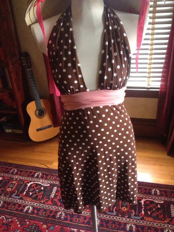 80s does 50s polka dot halter dress. - image 3