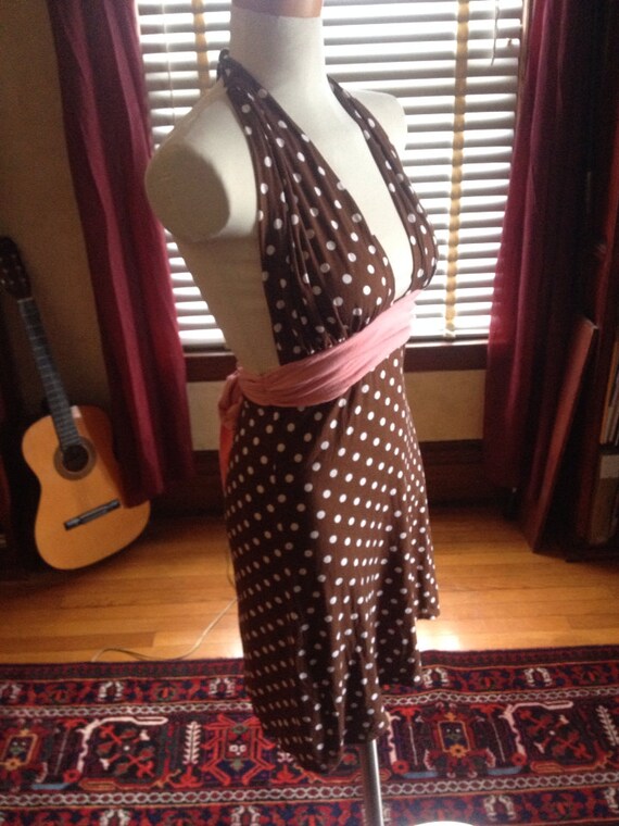 80s does 50s polka dot halter dress. - image 4