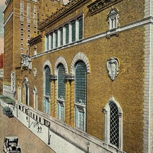 May include: A vintage postcard depicting the Roxy Theatre and Manger Hotel in New York City. The illustration shows the building's facade, with arched windows and architectural details. The text at the top reads "ROXY THEATRE AND MANGER HOTEL, 50TH ST."