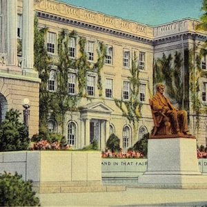 May include: Vintage postcard featuring the Lincoln Monument at Bascom Hall, University of Wisconsin, Madison. The image shows a bronze statue of Lincoln in front of a large building covered in ivy. The text "AND IN THAT FAIR DUTY" is visible.