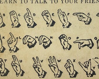 Carte de l'alphabet de la langue des signes américaine, document éphémère en papier vintage