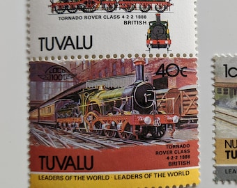 Three Mint Condition Tuvalu, Locomotive, Railroad Stamps, Vintage 1980's
